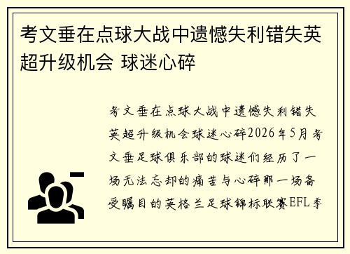 考文垂在点球大战中遗憾失利错失英超升级机会 球迷心碎
